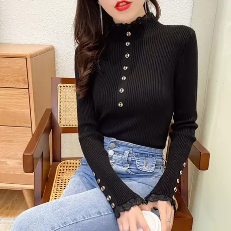 2020秋冬新款半高领蕾丝针织打底衫修身上衣内搭长袖百搭女毛衣女商品大图