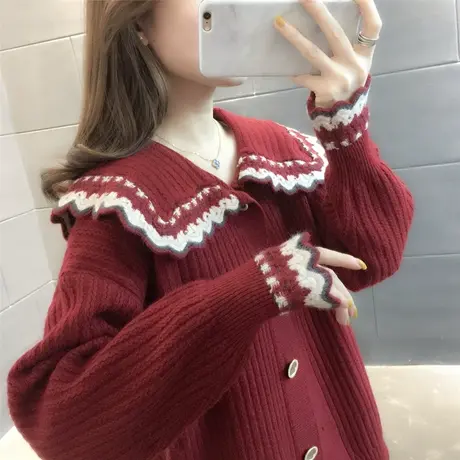 针织开衫女2023年春装新款海军大娃娃领蕾丝边针织衫上衣毛衣外套商品大图