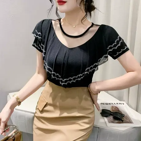 2023夏季新款网纱荷叶边T恤女短袖性感镂空心机小衫重工烫钻上衣商品大图