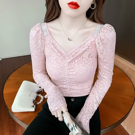 2023春秋新款性感镂空蕾丝衫女修身气质上衣紧身内搭打底衫女长袖图片