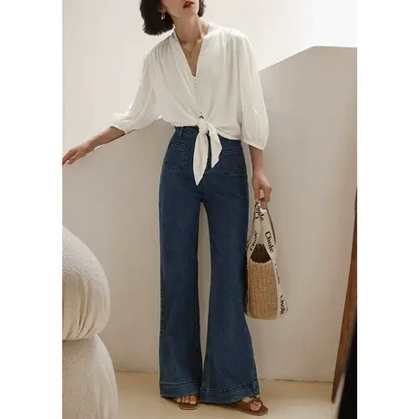 弥古复古阔腿直筒牛仔裤女秋季薄款法式高腰喇叭裤显瘦休闲裤长裤图片