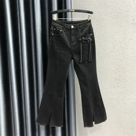 洋气钉珠重工设计感牛仔微喇裤欧货女秋新款开叉显瘦时髦喇叭裤潮商品大图