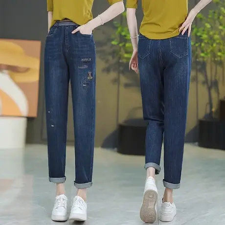 牛仔哈伦裤女2023秋季新款时尚休闲高腰显瘦松紧腰刺绣直筒老爹裤图片