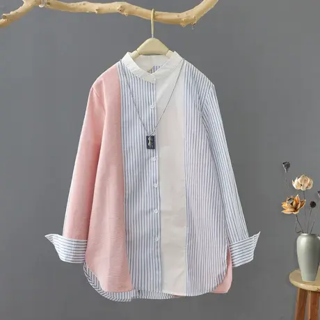 春装新款条纹拼接撞色长袖衬衫女设计感小众立领衬衣宽松打底衫商品大图