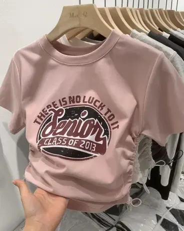 复古印花辣妹抽绳短袖T恤女夏季2023年新款圆领正肩修身短款上衣图片