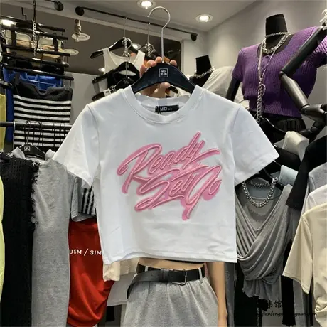 2023夏季韩版重工艺字母刺绣喷绘纯棉短款修身短袖百搭辣妹风T恤t图片