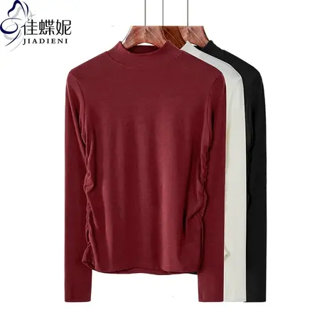 秋冬网红褶皱修身毛针织半高领长袖T恤上衣女装2023新款纯棉打底商品大图