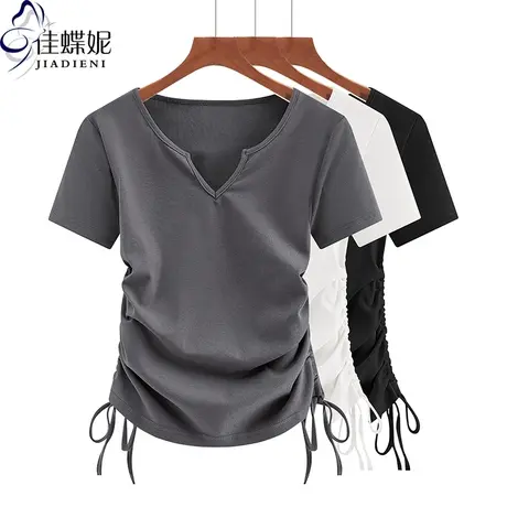 夏季新款韩版V领修身抽绳纯欲显瘦纯棉纯色短袖体恤上衣内搭女装图片
