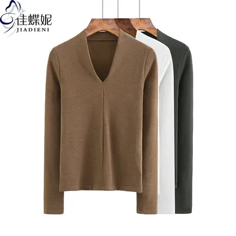 秋冬新款韩版V领修身双面德绒纯色长袖体恤上衣内搭女打底衫T恤商品大图