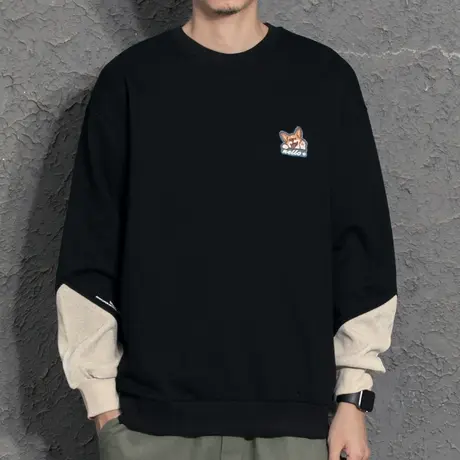 秋冬灯芯绒拼接小清新徽章圆领卫衣男宽松假两件百搭休闲外套商品大图