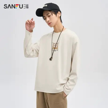 三福2023秋男士国风渐变贴布绣花长T恤 宽松圆领上衣男475273商品大图