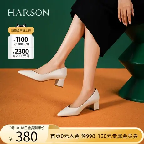 哈森2023年秋季新款羊皮革浅口中跟通勤女鞋粗跟单鞋女HS237167图片