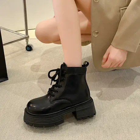 厚底马丁靴女夏季2023年新款小个子增高系带白色复古英伦风短靴子图片