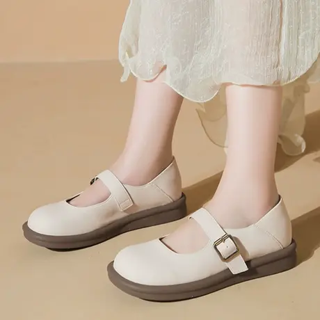 仙女风浅口圆头玛丽珍鞋女2023新款秋软底平底浅口单鞋厚底小皮鞋商品大图