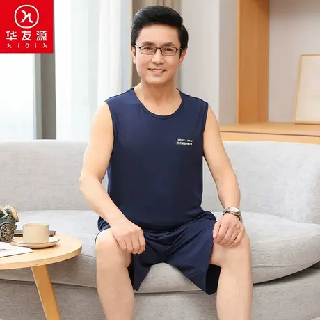 华友源中老年夏季男士背心爸爸装宽松吸汗圆领老头衫短裤套装无袖商品大图