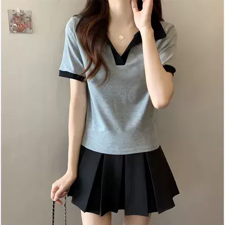 大码辣妹POLO衫撞色短袖T恤女装夏季韩版新款正肩上衣服胖mm200斤商品大图