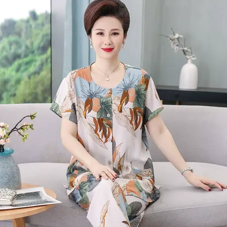 老年人妈妈棉绸套装女夏季人造棉老人奶奶开衫家居服睡衣夏天薄款图片