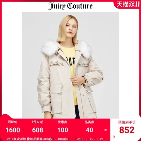 Juicy couture橘滋冬季新款毛领连帽羽绒服收腰中长款夹克外套女商品大图