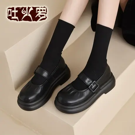 吐火罗2022新款纯色简约玛丽珍牛皮女鞋一字搭扣厚底舒适单鞋商品大图