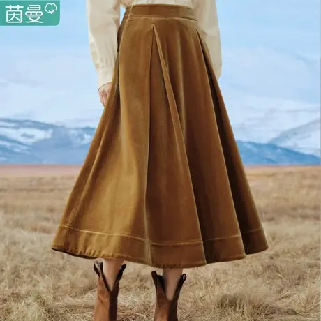 茵曼复古丝绒伞裙赫本风2023冬季女装新款秋冬长裙高腰中长半身裙图片
