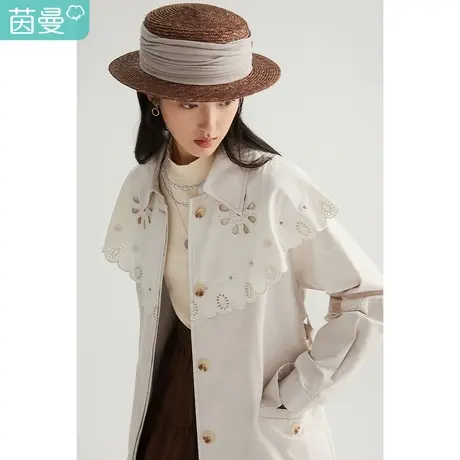 【商场同款】茵曼秋季新款女绣花拼接纯色收腰绑带长袖风衣图片