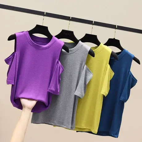 露肩小心机上衣服ins潮2023夏季新款韩版爆款设计感漏肩短袖t恤女图片