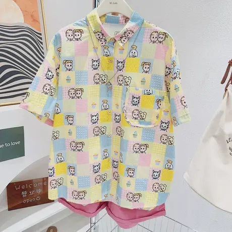 日系软妹可爱印花衬衫夏季新款微胖显瘦多巴胺穿搭宽松童趣学院风图片