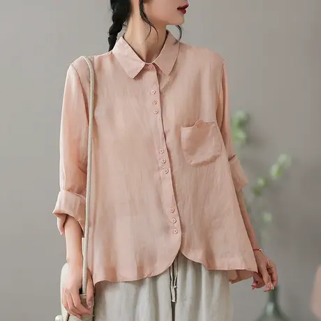 dza 复古苎麻纯色长袖衬衫女士春夏新款气质漂亮衬衣显瘦棉麻上衣图片