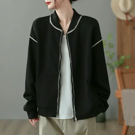 dza 复古短款休闲棒球服女士春秋宽松立领运动外套百搭长袖开衫女商品大图