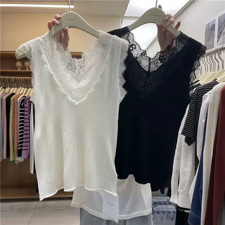 韩国2022秋季高端仙气百搭亲肤薄款蕾丝边V领打底背心针织小衫女商品大图