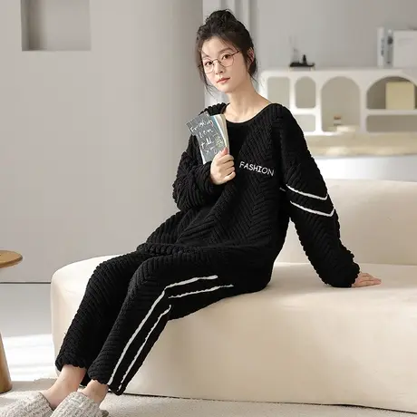 猫人法兰绒睡衣女冬季2023新款大码纯色加绒加厚家居服套装可外穿图片