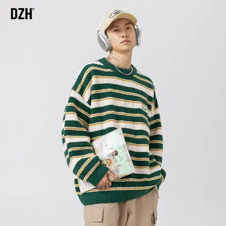 男生绿色条纹毛衣男款秋冬2023年新款慵懒套头针织衫外套圆领上衣商品大图