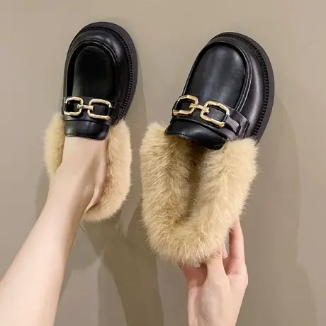 粗跟穆勒小皮鞋毛毛拖鞋女外穿毛拖鞋女2023新款毛绒厚底冬季晨袍商品大图