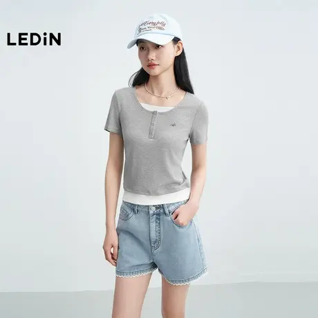 【昕怡粉丝专享】乐町撞色假两件短袖修身上衣女烫银灰色圆领T恤图片