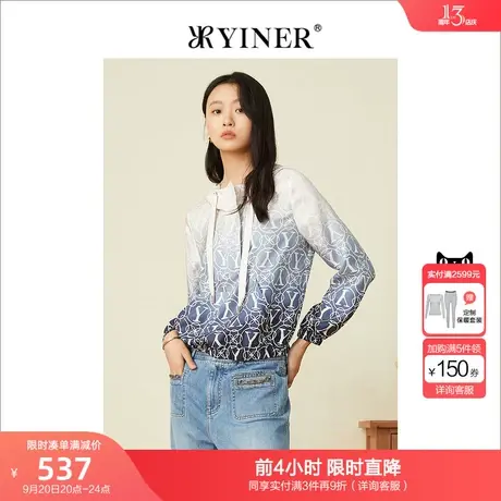 YINER音儿专柜女装2022春季新款渐变印花真丝连帽卫衣商品大图