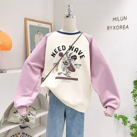 ins小众设计感复古撞色兔子加绒卫衣秋冬款圆领加厚长袖上衣宽松图片