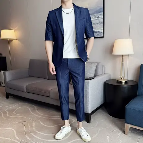 天丝短袖西服男夏季薄款冰丝外套简约通勤休闲五分中袖西装男套装图片