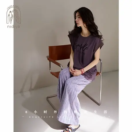 妮狄娅睡衣女夏季柔软棉薄款时尚坎肩袖宽松长裤可外穿家居服套装商品大图