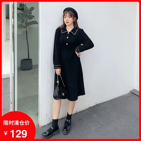 秋冬新款大码女装胖MM翻领拼接法式中长款A字显瘦遮肉气质小黑裙图片