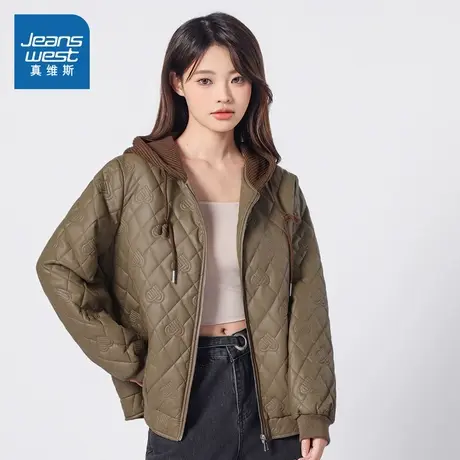 G8真维斯女款设计感保暖连帽外套 2025春季新品时尚卡其色女棉服商品大图
