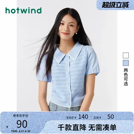 热风2024年春季新款女士甜美拼接针织衫翻领泡泡袖淑女镂空上衣女商品大图