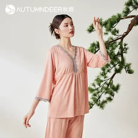 秋鹿新中式国风针织棉提花蕾丝V领睡衣女夏薄款七分袖家居服套装商品大图