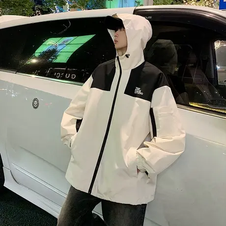 冲锋衣男秋冬季潮牌夹克拼接撞色设计感工装连帽大码宽松休闲外套商品大图