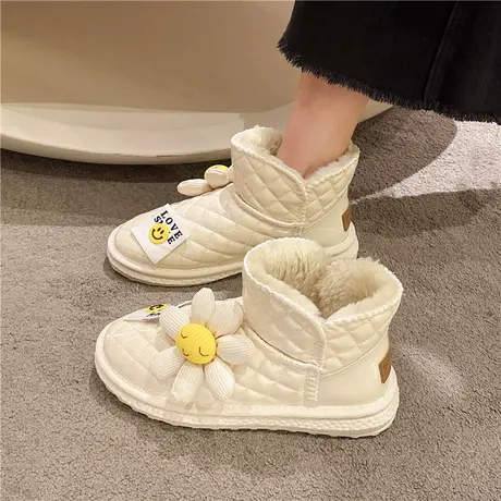 欧洲站雪地靴女甜美风2022新款冬季加绒加厚面包棉鞋保暖花朵短靴图片
