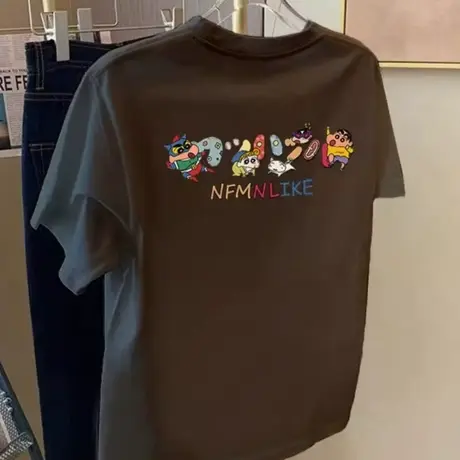 2025夏季新款设计感卡通图案正肩纯棉灰色短袖t恤女百搭质感上衣商品大图