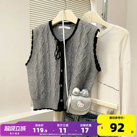 唐狮2025秋冬新款针织衫女毛衣背心撞色边设计领口系带开衫马甲yd商品大图
