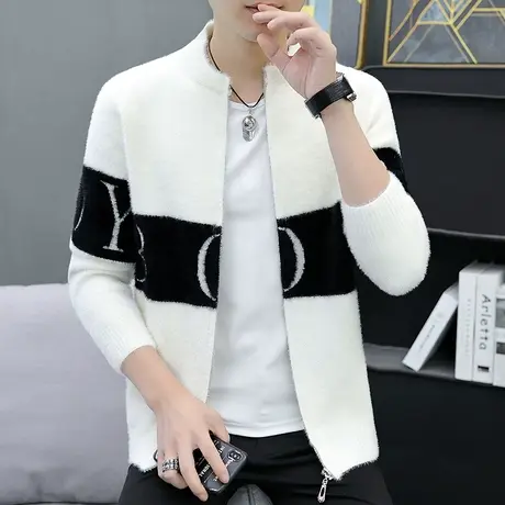 开衫夹克男潮流春秋季韩版潮牌针织衫冬装上衣服帅气仿水貂绒外套商品大图