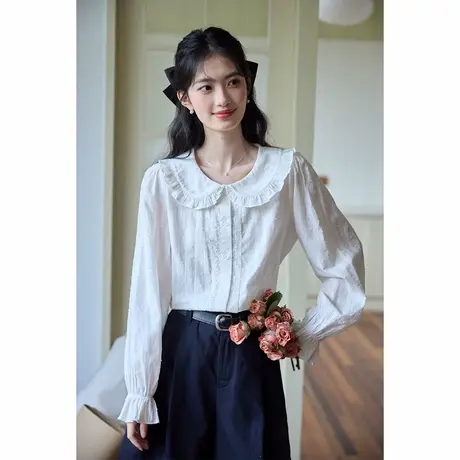 弥古白色纯棉长袖衬衫上衣女2025秋季新款法式娃娃衫外穿打底衬衣商品大图