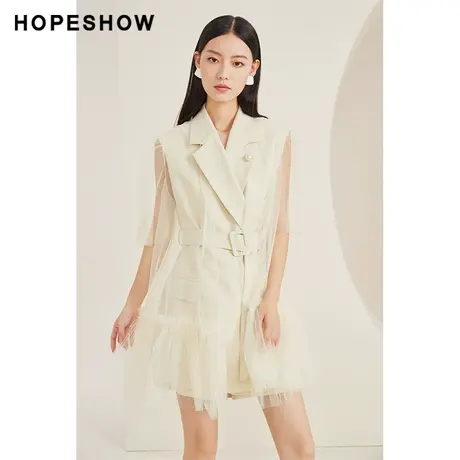 红袖outlets气质短外套hopeshow2023春季新款女双排扣网纱两件套商品大图