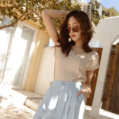 桔熊夏季通勤V领坑条针织背心外搭迭穿连袖罩衫女大码AB16944商品大图